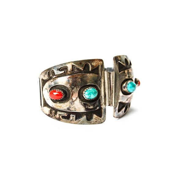 Designer Accessories - Designer Unisex 925 Silver + S Steel Turquoise + Coral Southwest Watch Band 6"